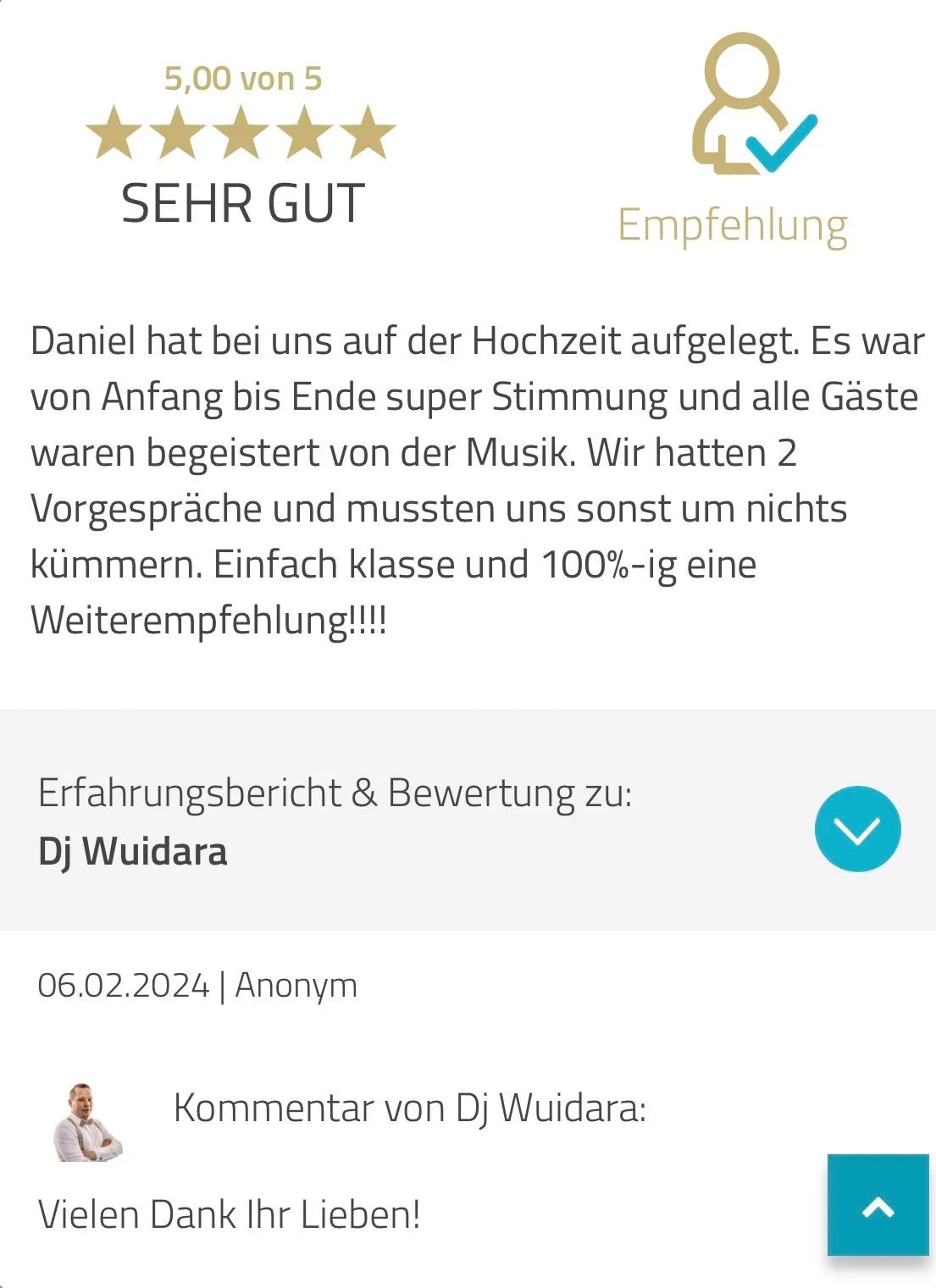 DJ Wuidara Bewertung auf ProvenExpert: 5 Sterne für Hochzeits-DJ Daniel – Top Stimmung.