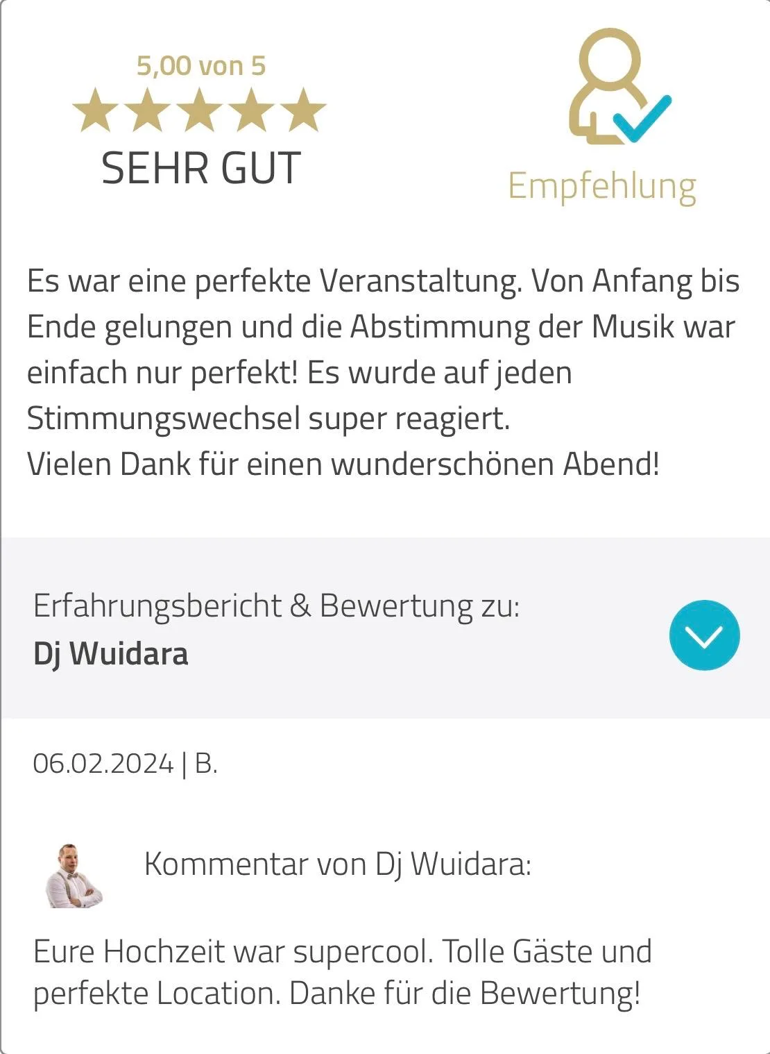 DJ Wuidara Rezension: Lob für perfekte Musikabstimmung und Reaktion auf Stimmungswechsel.