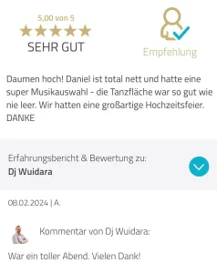 DJ Wuidara Bewertung: Lob für Musikauswahl und volle Tanzfläche bei der Hochzeitsfeier.