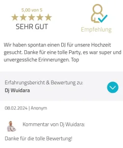 DJ Wuidara Kundenfeedback: Tolle Party und unvergessliche Erinnerungen.