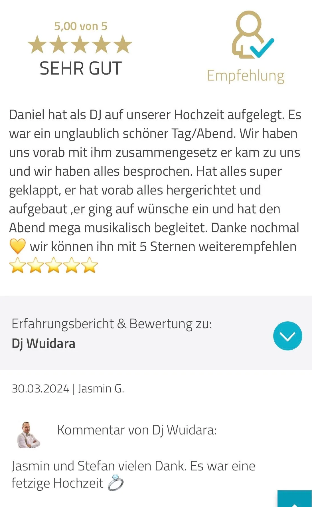DJ Wuidara Rezension: Jasmin G. lobt die persönliche Beratung und den reibungslosen Aufbau.