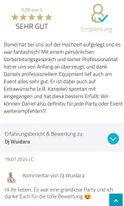DJ Wuidara Rezension: Lob für professionelles Equipment und spontanes Karaoke bei der Hochzeit.