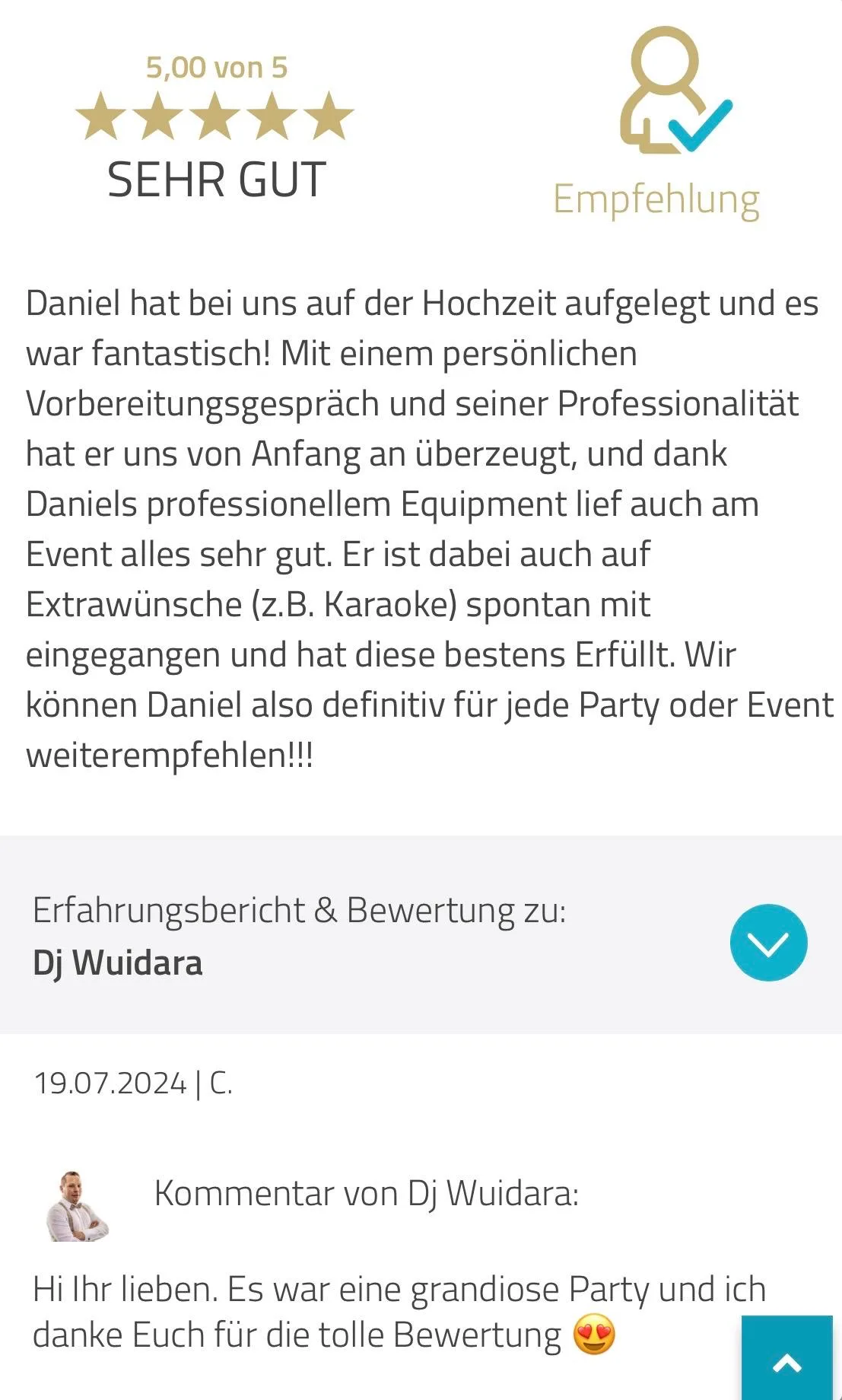 DJ Wuidara Rezension: Lob für professionelles Equipment und spontanes Karaoke bei der Hochzeit.