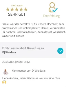 DJ Wuidara Rezension: Walter und Andrea danken für die professionelle Hochzeitsbegleitung.