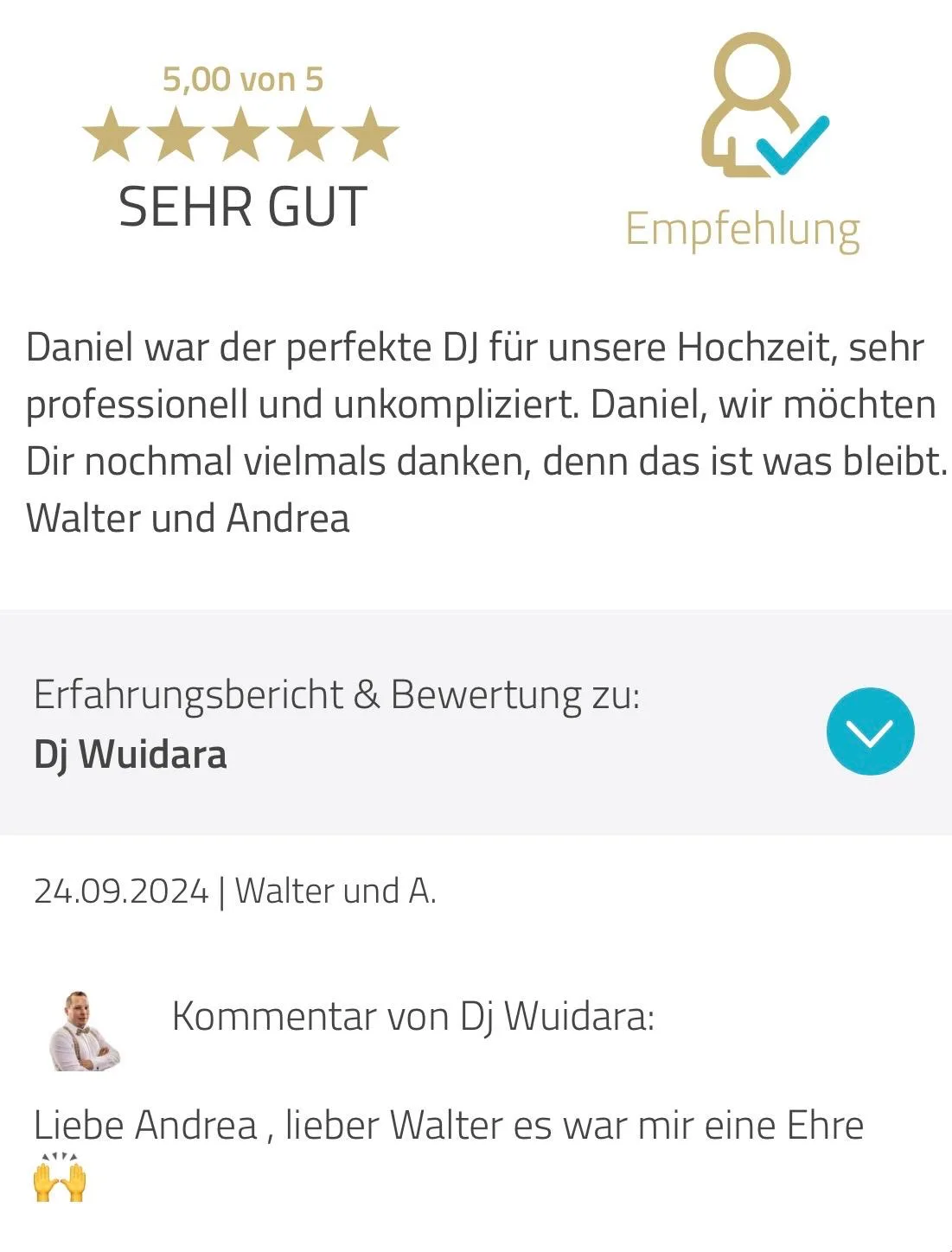 DJ Wuidara Rezension: Walter und Andrea danken für die professionelle Hochzeitsbegleitung.