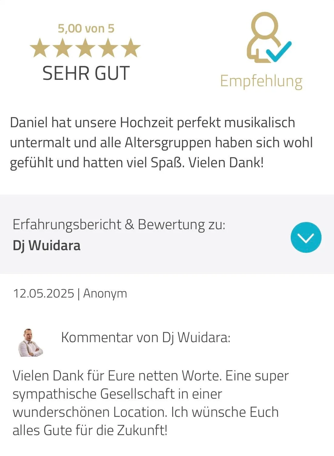 DJ Wuidara Bewertung: Perfekte musikalische Untermalung für alle Altersgruppen bei der Hochzeit.