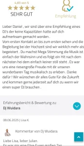 DJ Wuidara Rezension: Lisa K. begeistert von Mega Stimmung und Hit-Feuerwerk bei der Hochzeit.